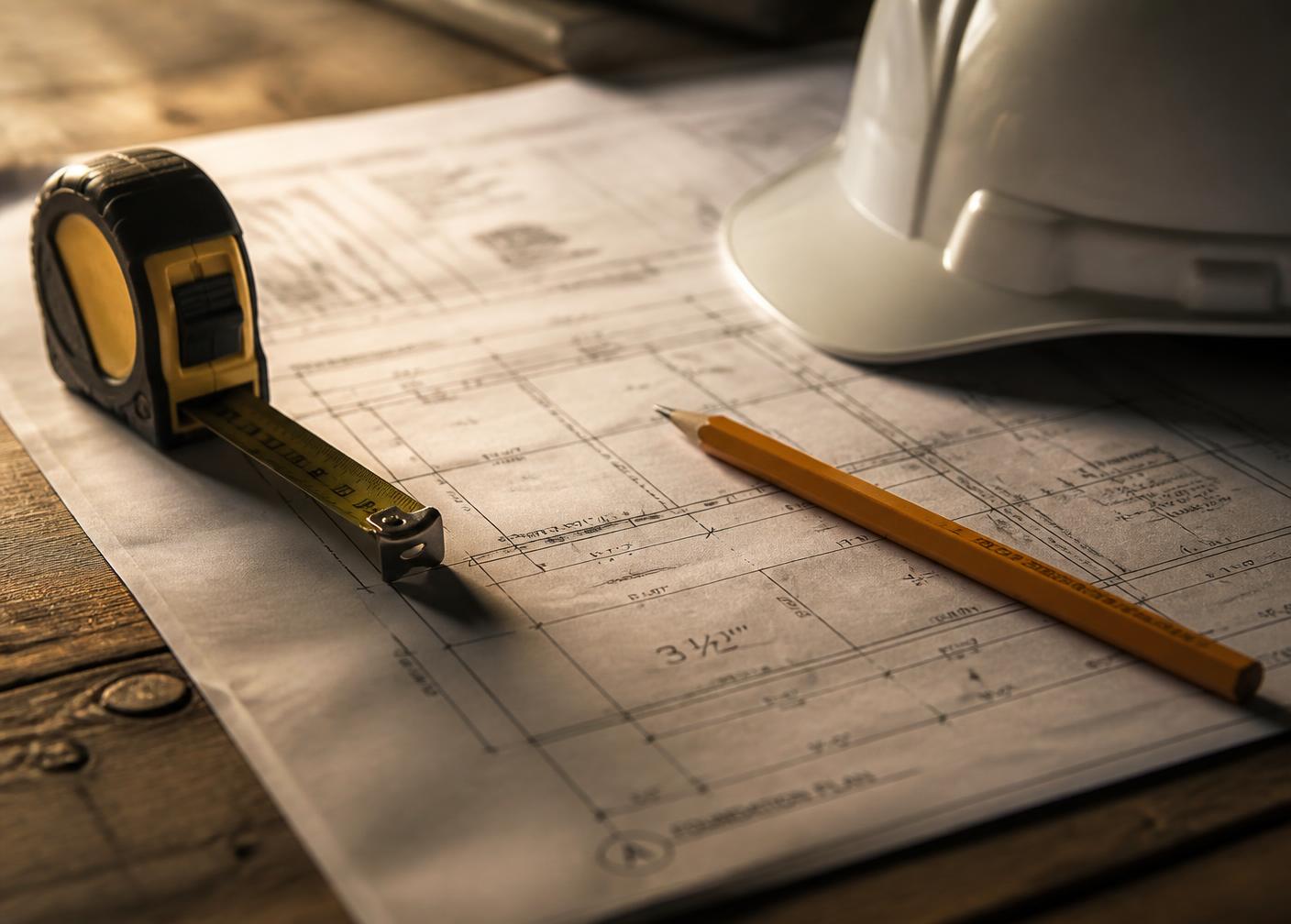 Concept image of construction drawings on a workbench with a tape measure, carpenter pencil, and hard hat