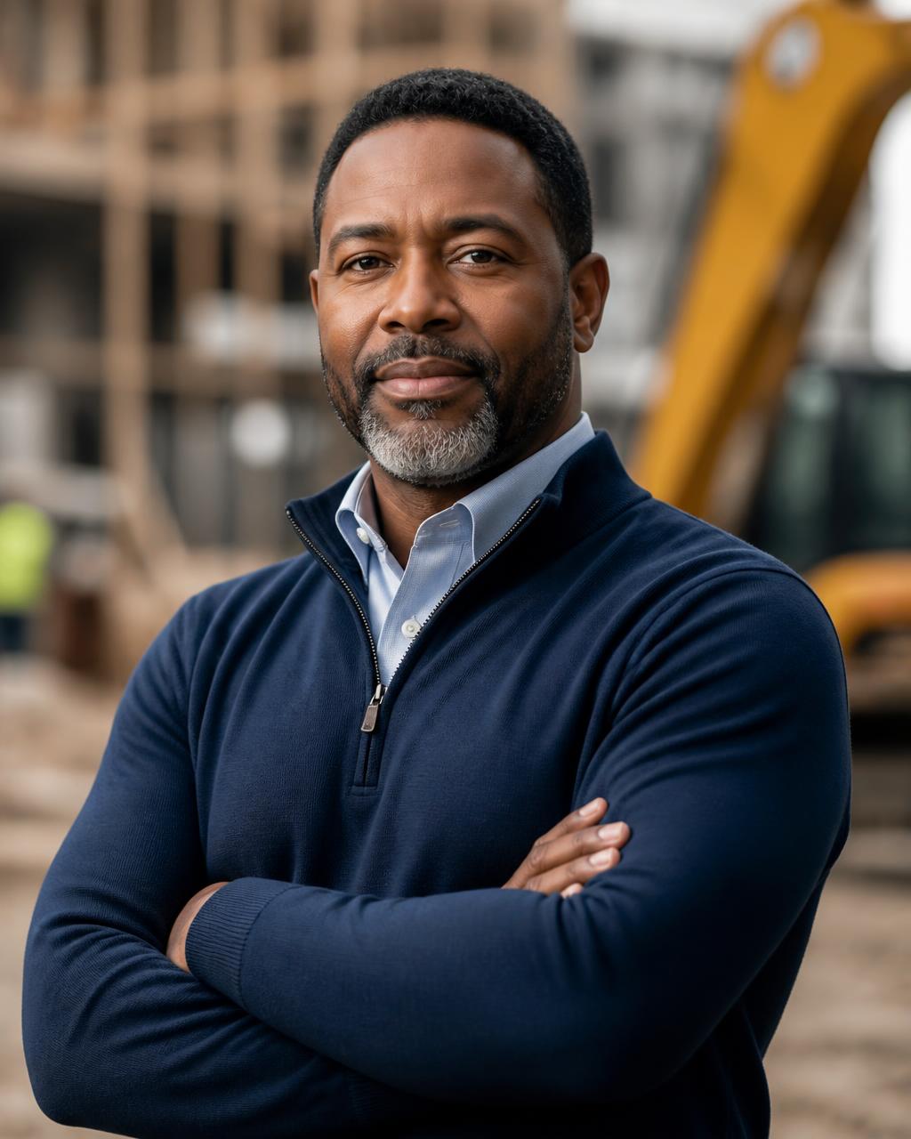 Marcus Harrison, founder and president of Harrison & Sons Construction Group, standing on a job site