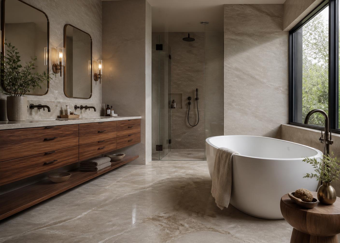 Concept rendering of a spa-style primary bathroom with large-format stone tile, walnut vanity, freestanding tub, and matte black fixtures
