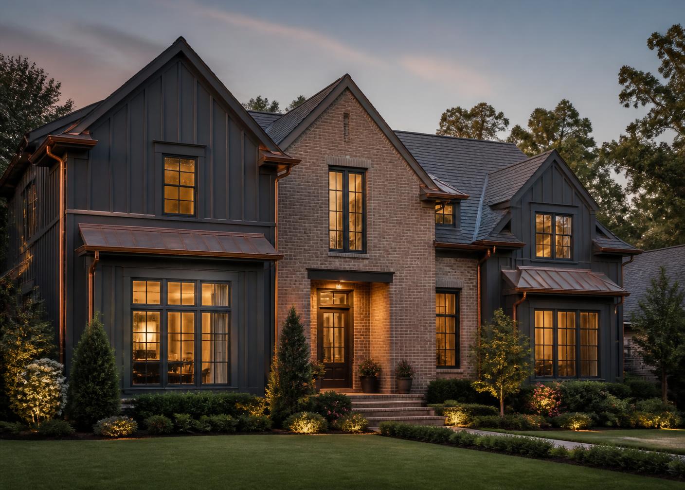 Concept rendering of a two-story brick and dark board-and-batten home exterior with copper gutters at dusk