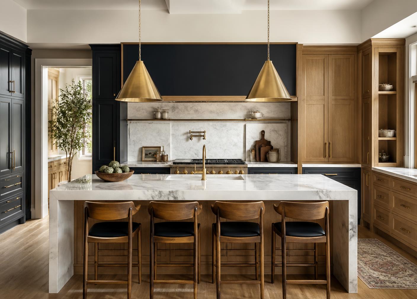 Concept rendering of a remodeled kitchen with white oak and deep navy cabinetry, a marble waterfall island, and brass pendant lighting