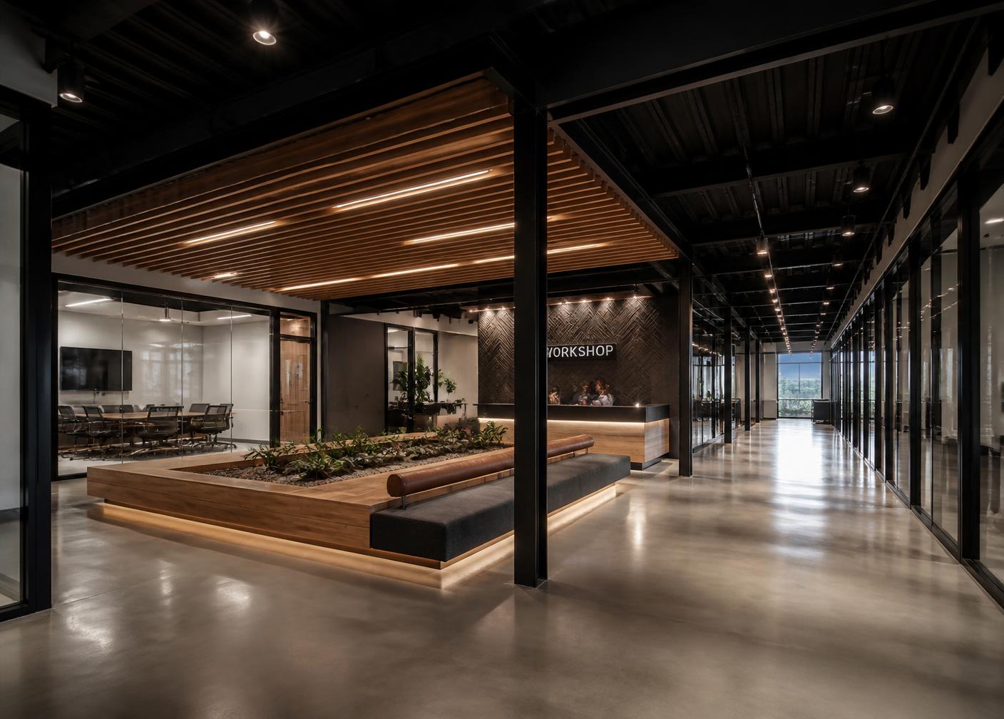 Concept rendering of a commercial office build-out with blackened steel framing, warm wood slat ceiling, glass partitions, and polished concrete floors
