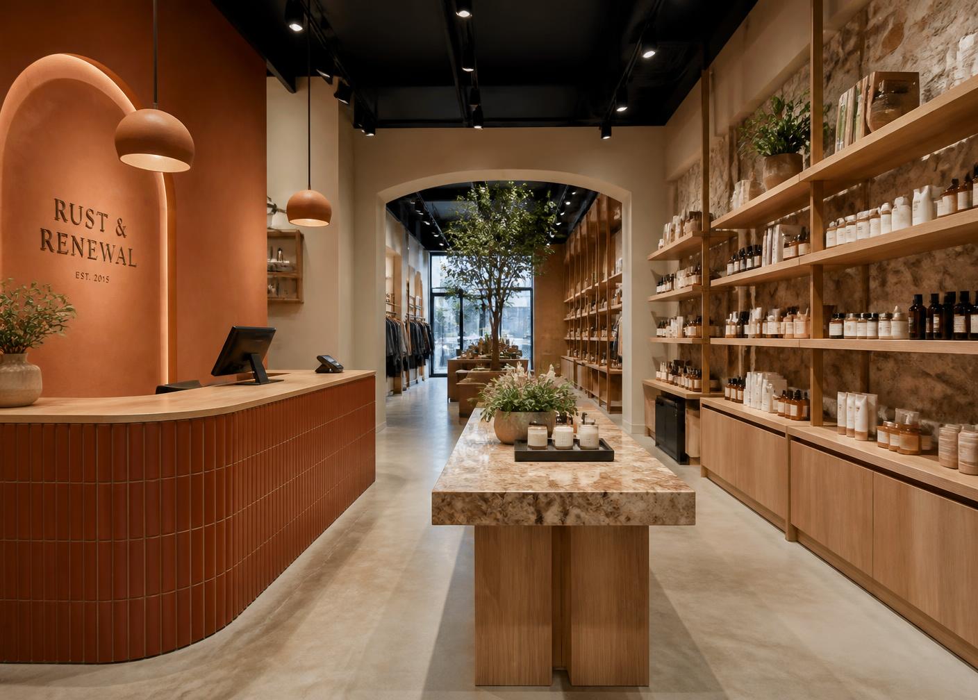 Concept rendering of a renovated retail interior with terracotta plaster millwork, oak shelving, exposed stone wall, and polished concrete floors